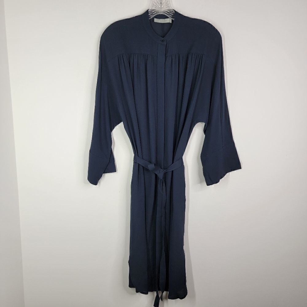 VINCE Silk Shirred Belted Shirtdress Coastal Blue Size Small - Picture 3 of 13